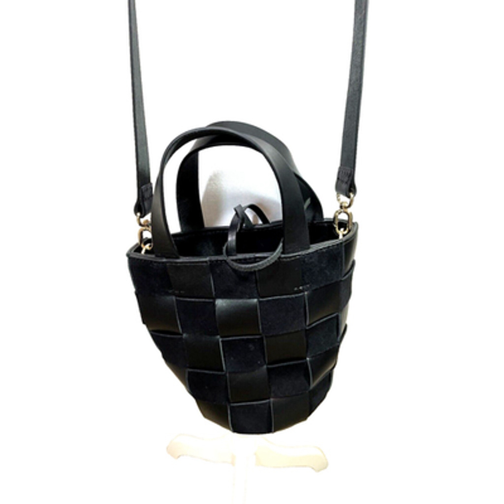 NWT J.Crew Purse Black Leather and Suede Woven Bucket Handbag Crossbody - Picture 5 of 10
